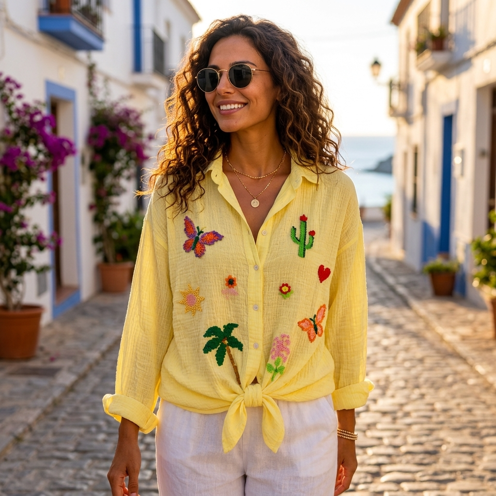 Embroidered Motif Gauze Cotton Oversized Shirt - One Size - Yellow