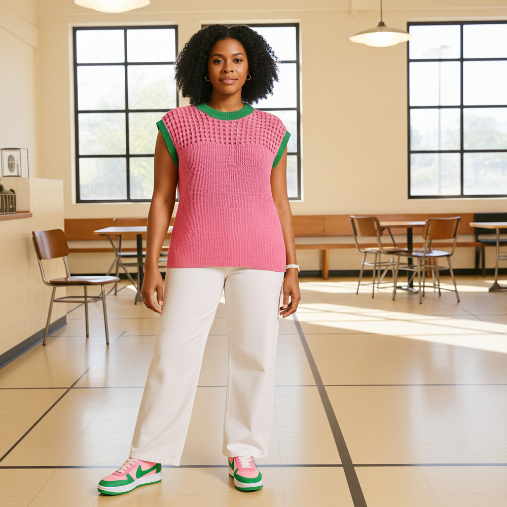 Woman wearing a pink and green top in a classroom setting