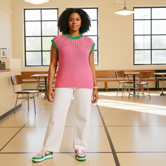 Woman wearing a pink and green top in a classroom setting