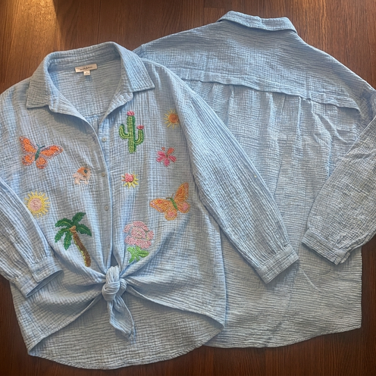Blue Embroidered Motif Gauze Cotton Oversized Shirt - One Size
