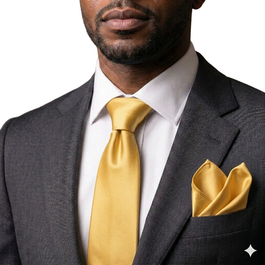 Man wearing a gray suit with a gold tie and pocket square in an indoor setting.