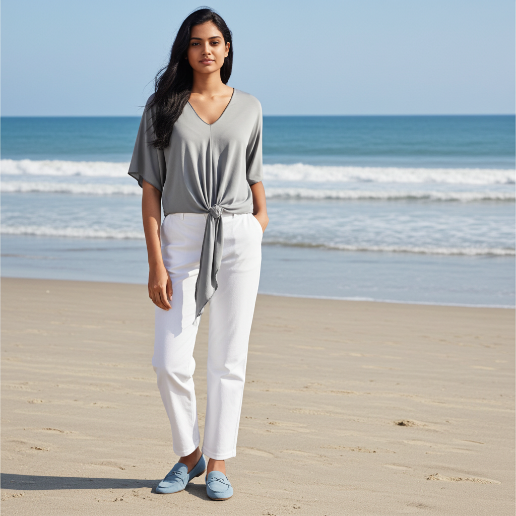 Woman standing on a beach wearing a gray top and white pants.