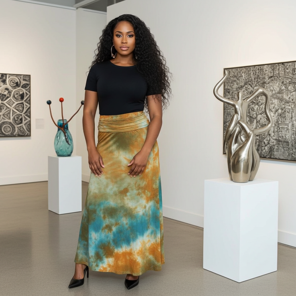 Woman in a colorful skirt standing in an art gallery with sculptures and artwork on the walls.