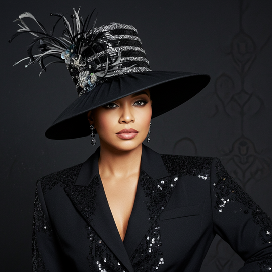 Mason - Feather & Jewel Hat - Black