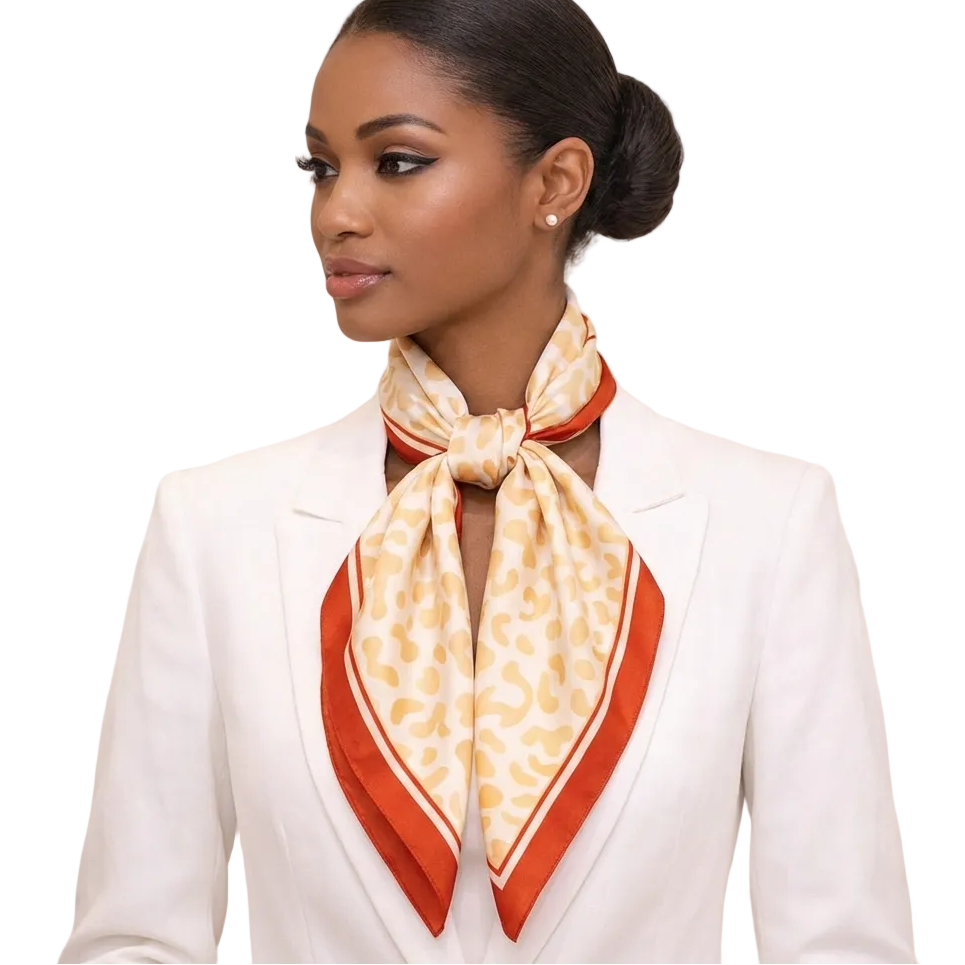 African American woman in a white blazer wearing a beige leopard-print silk scarf with red border, tied in a front bow, shown in a soft high-end boutique setting.