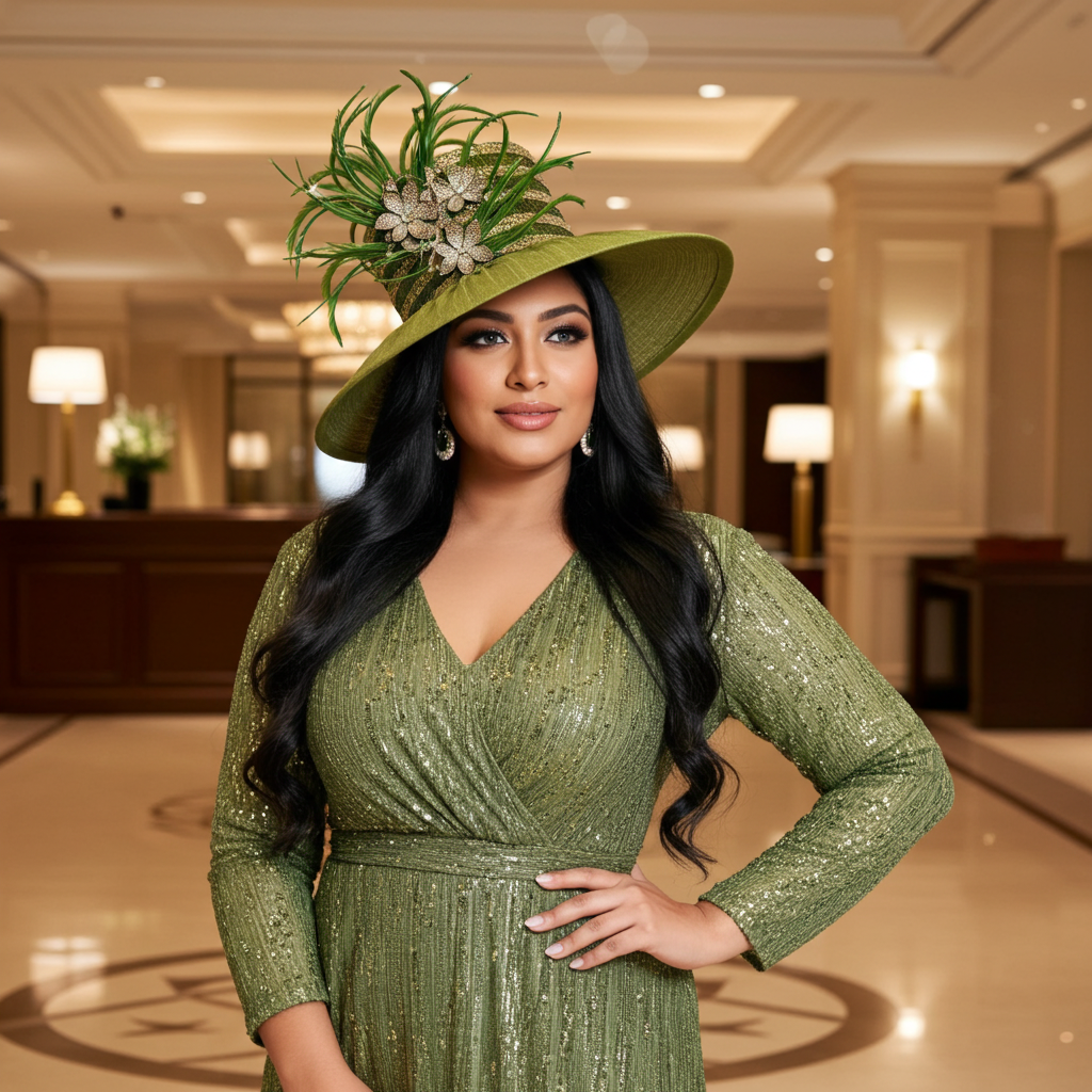 Woman in a green dress and hat posing in an elegant indoor setting