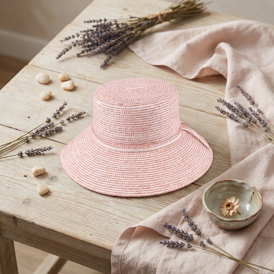 Pink straw hat on a wooden table with lavender and seashells