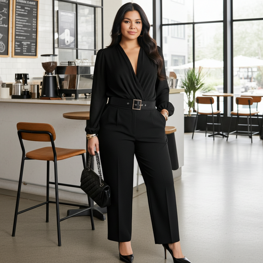 Woman in a black outfit standing in a modern cafe.