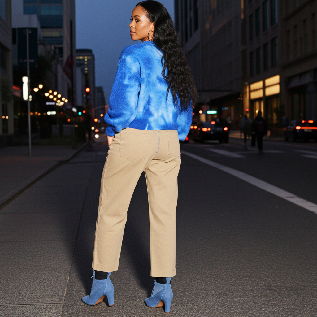 Woman wearing a blue tie-dye jacket and beige pants walking on a city street at night.