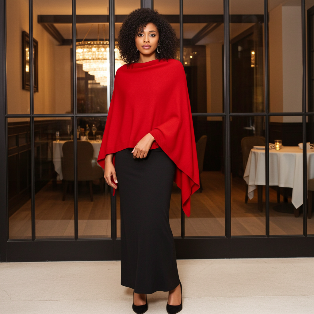Woman wearing a red poncho over a black dress in an elegant interior setting.