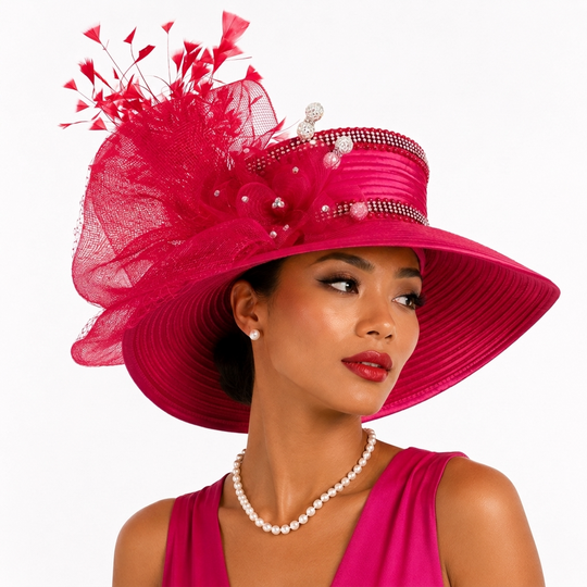 Satin Sailor Hat with Mesh Crinoline Bow - Fuchsia