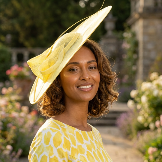 Yellow Wide Brim Sinamay Saucer Fascinator Hat