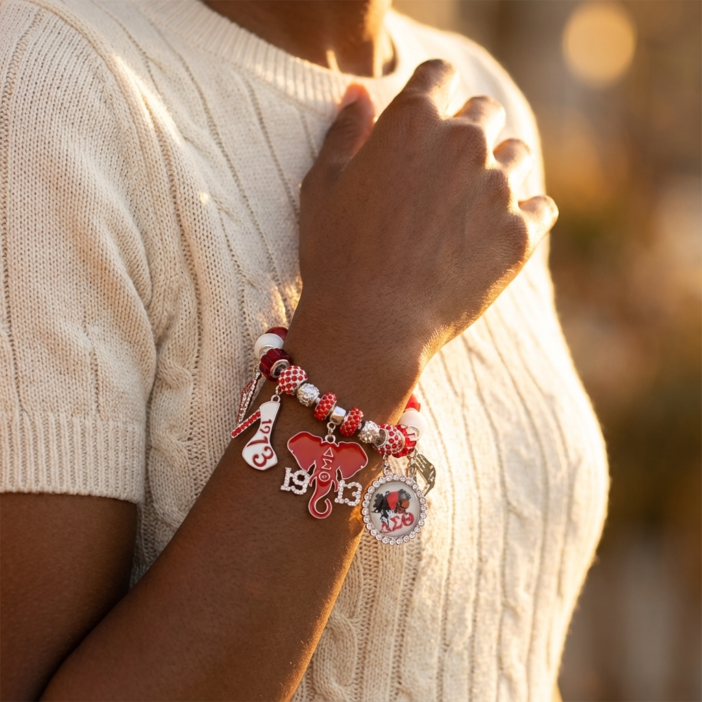 Delta Sigma Theta silver-tone adjustable charm bracelet with enamel DST symbols and red and white crystal beads.