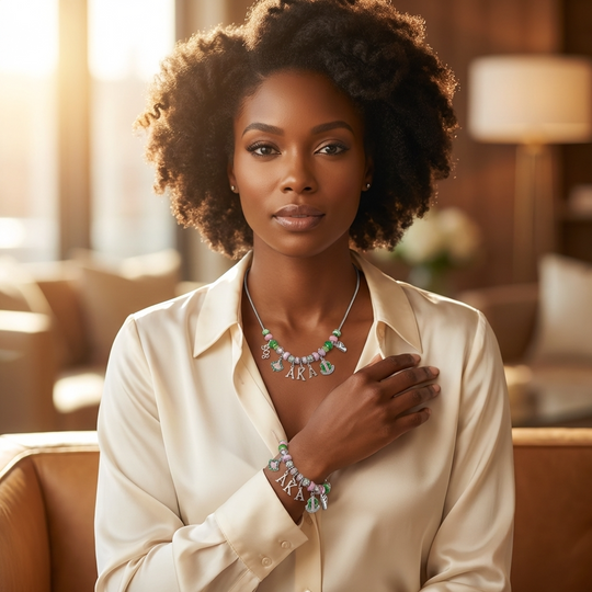 Woman wearing jewelry in a warm-toned room
