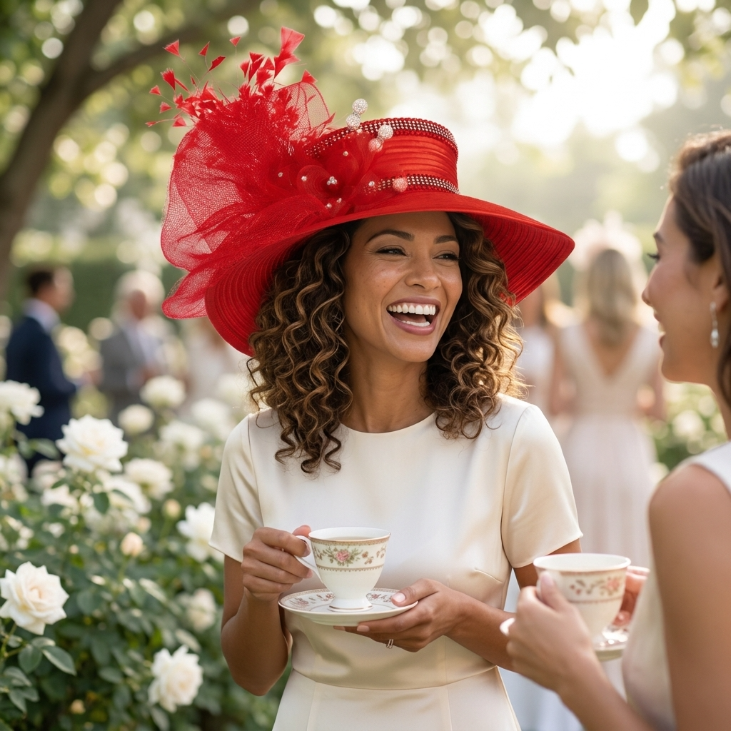 Satin Sailor Hat with Mesh Crinoline Bow - Red