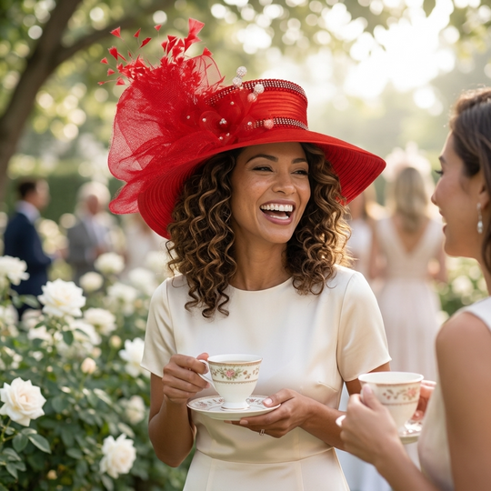 Satin Sailor Hat with Mesh Crinoline Bow - Red