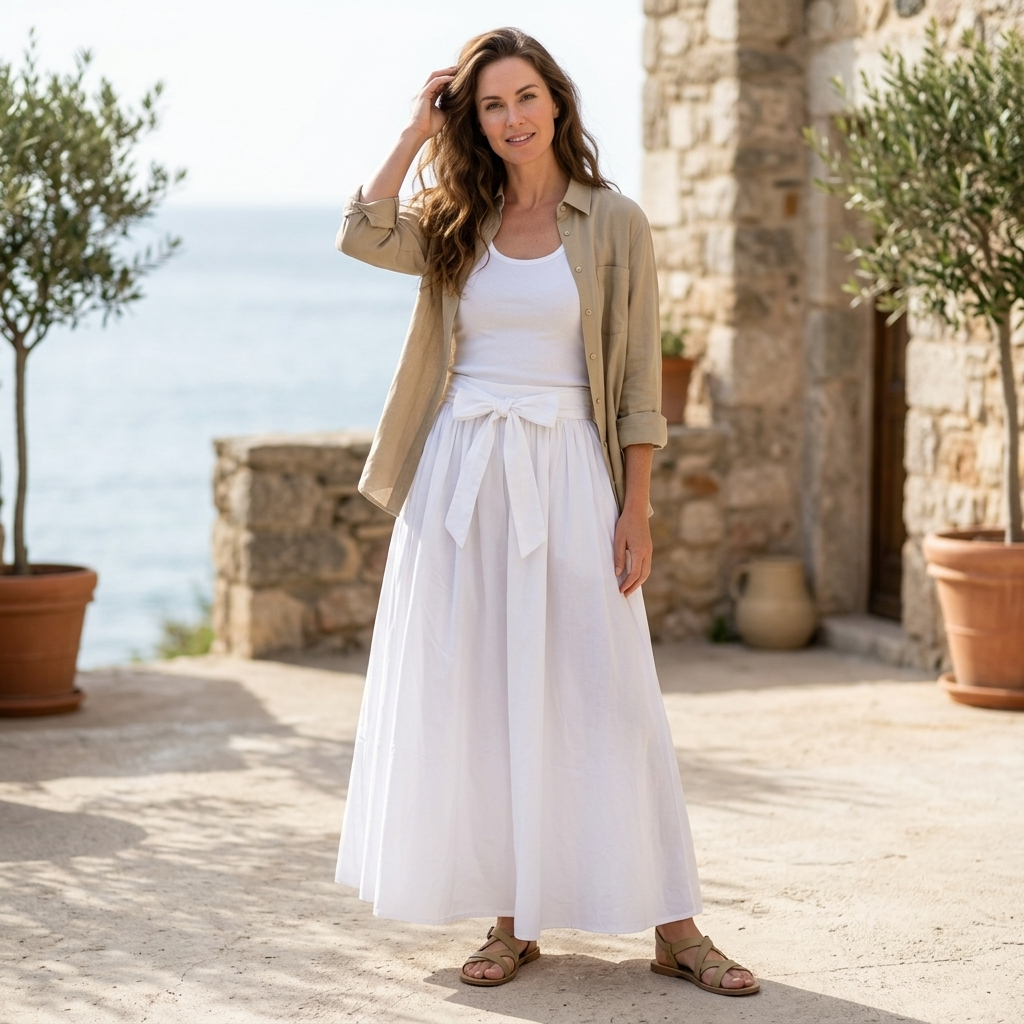 A woman stands outdoors on a stone patio with the sea and potted trees in the background, wearing a white sleeveless top and a long white skirt with a matching white belt, layered under a beige overshirt.