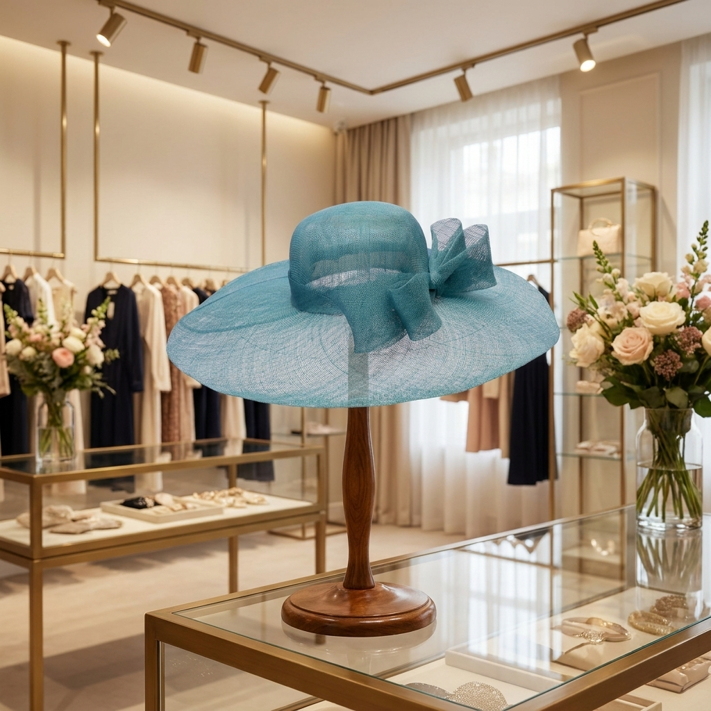 Blue hat on a stand in a store setting with clothing and flowers in the background