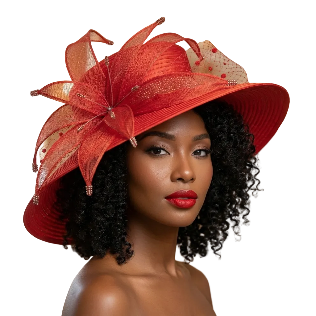 Woman wearing a red decorative hat in an elegant indoor setting