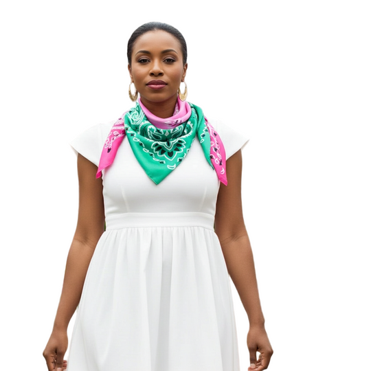 Woman in a white dress with a colorful scarf standing in a greenhouse filled with plants and flowers.