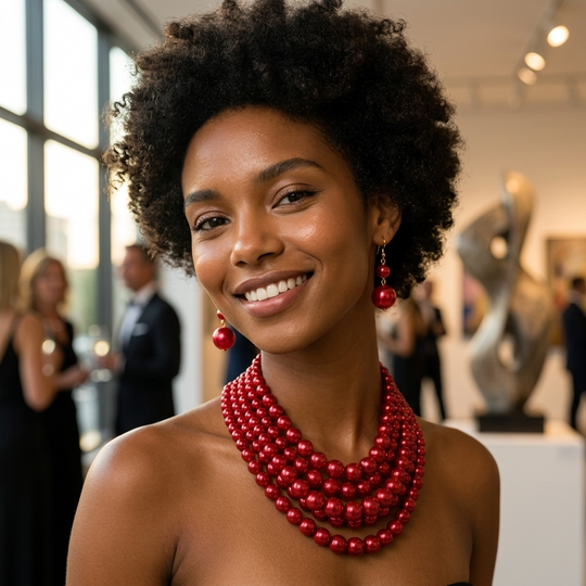 Woman wearing a red pearl necklace and earrings in an indoor setting