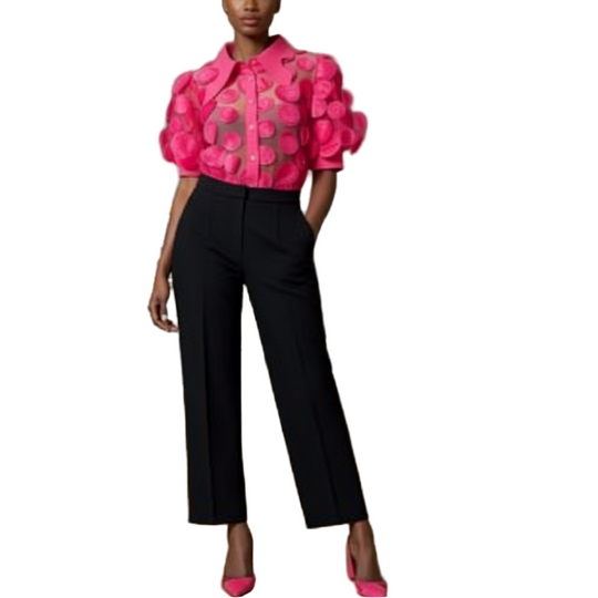 Fuchsia Mesh Splicing Round Polka Dots Button-Down Top