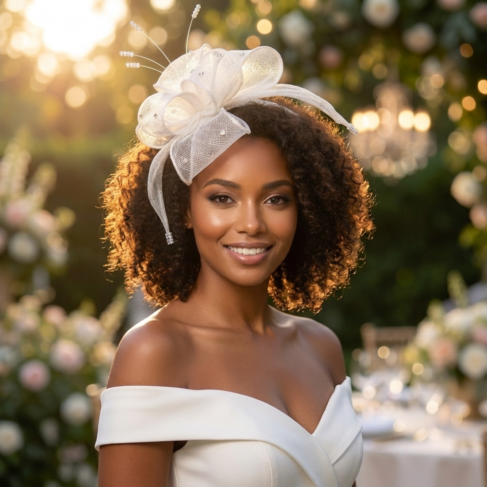 Woman wearing a decorative headpiece with a white background