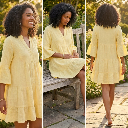 Woman wearing a yellow dress in various poses outdoors.