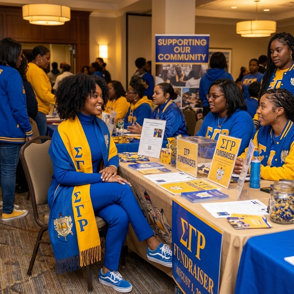 Group of people in blue and yellow at a table with 'Sigma Gamma Rho' branding, likely at a community event.