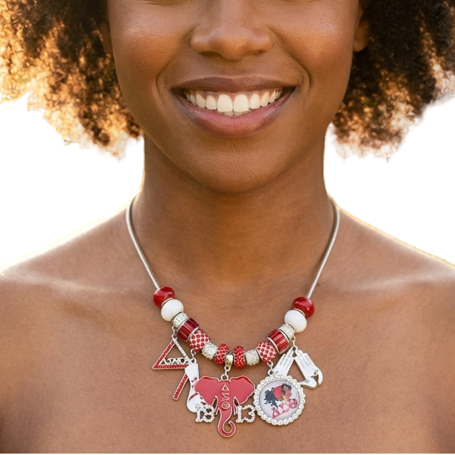 Delta Sigma Theta red and white rhinestone multi-charm necklace in silver tone metal