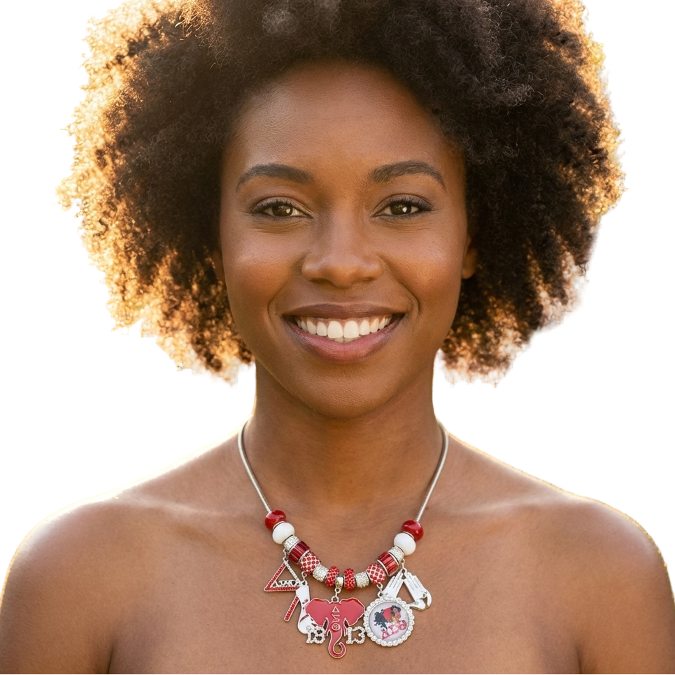 Delta Sigma Theta red and white rhinestone multi-charm necklace in silver tone metal