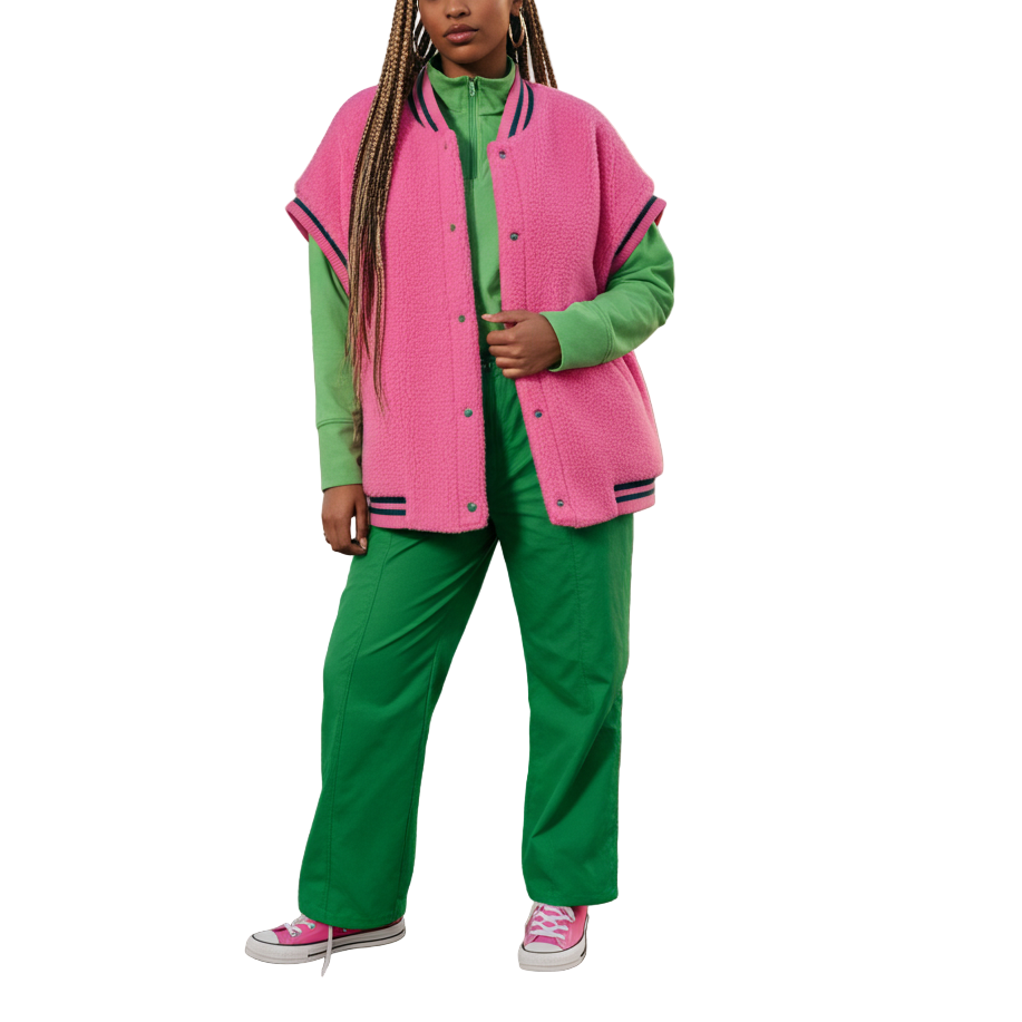 Person wearing a pink and green outfit on a beach at sunset