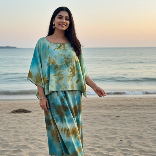 Woman in a tie-dye outfit standing on a beach with a sunset in the background