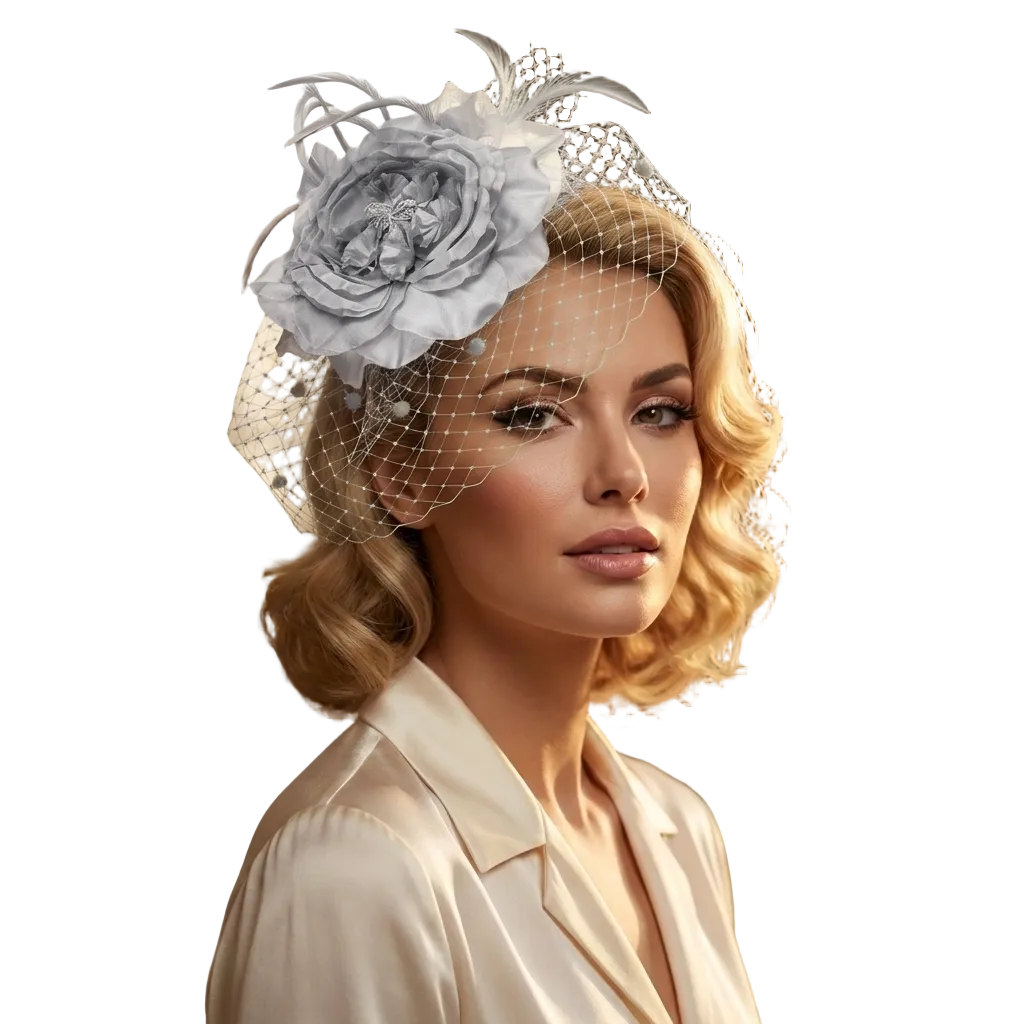 Woman wearing a decorative headpiece with flowers and netting indoors.