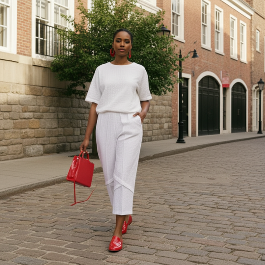 Woman in white outfit with red shoes and bag walking on a street.