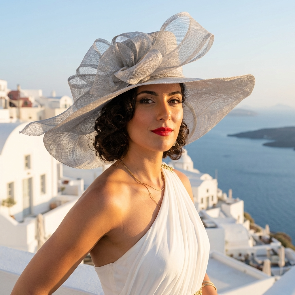 Woman wearing a large decorative hat with a scenic background of a coastal town.