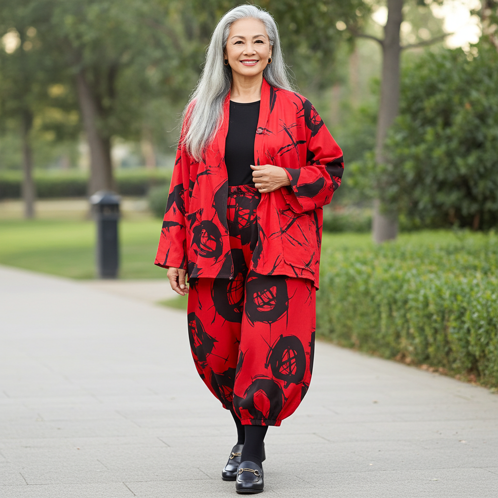 Woman in a red and black floral outfit walking on a path in a park.