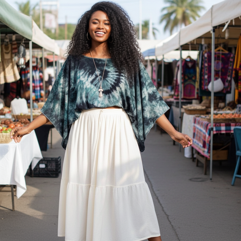 Woman in a tie-dye top and white skirt at an outdoor market.