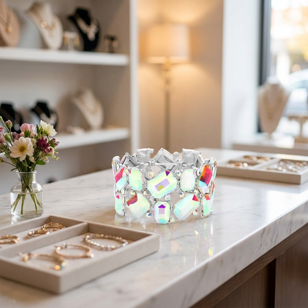 Crystal Rectangle & Round Stone Stretch Bracelet – Silver