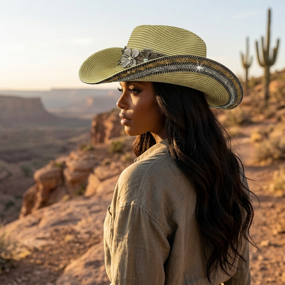 Woman wearing a wide-brimmed hat in a desert landscape with cacti.