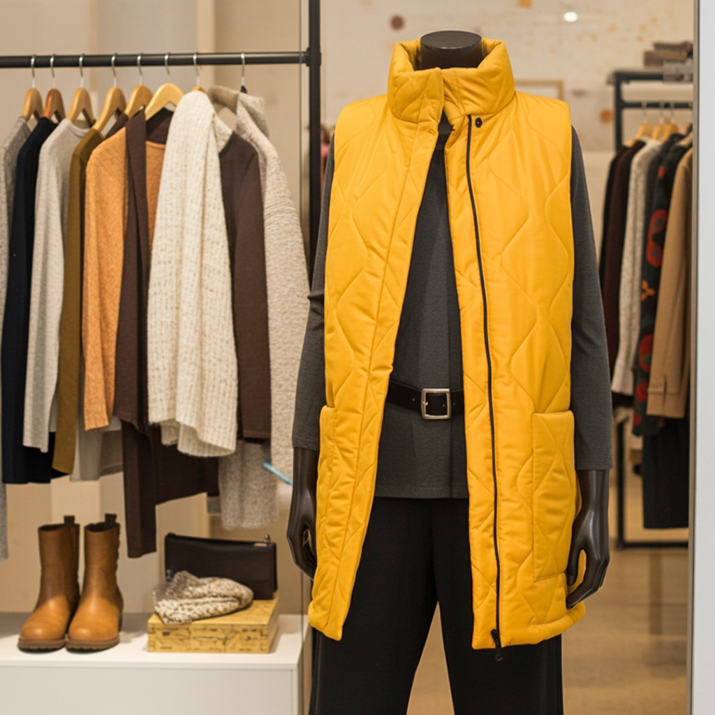 Mannequin wearing a yellow quilted vest with a clothing rack in the background