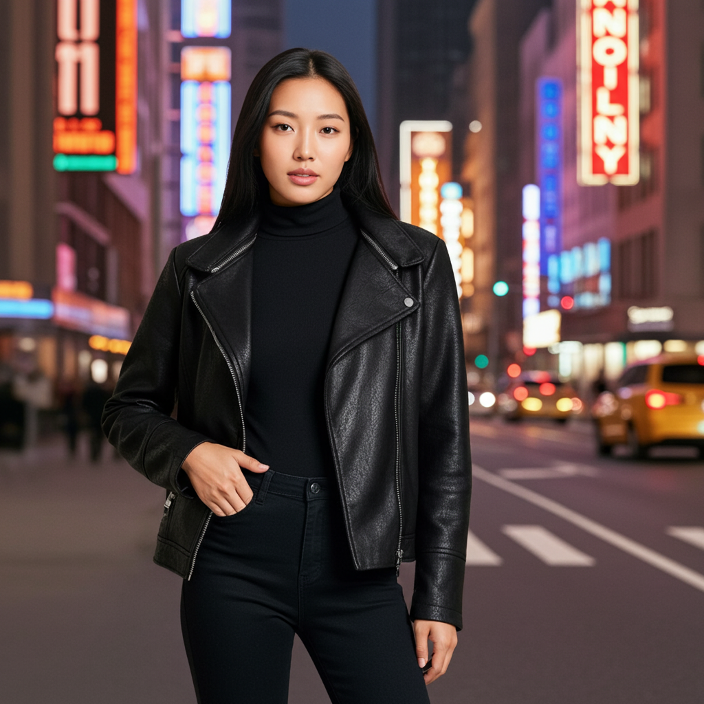 Slim Biker Jacket w/ Embroidery - Black