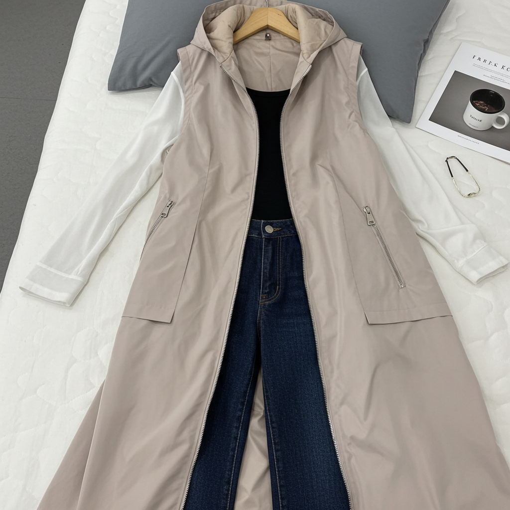 Beige long coat on a hanger with jeans underneath, on a neutral background