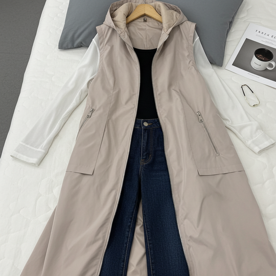 Beige long coat on a hanger with jeans underneath, on a neutral background