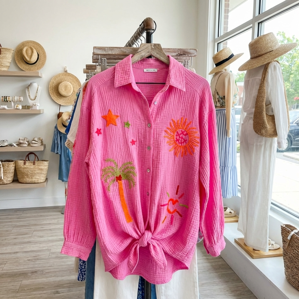 Pink Palm &amp; Sun Oversized Gauze Cotton Shirt