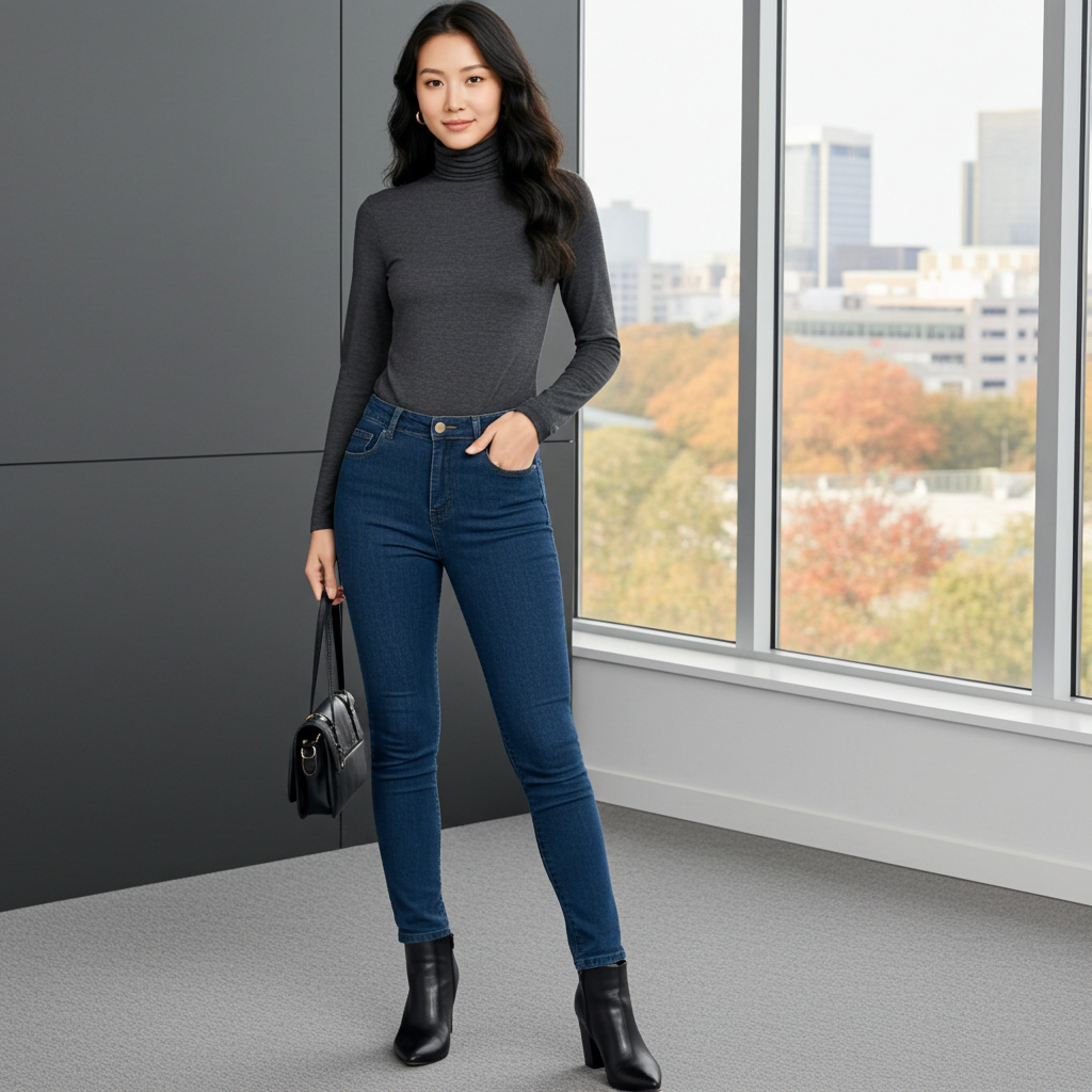Woman wearing a dark gray turtleneck, blue jeans, and black ankle boots standing in an office setting.
