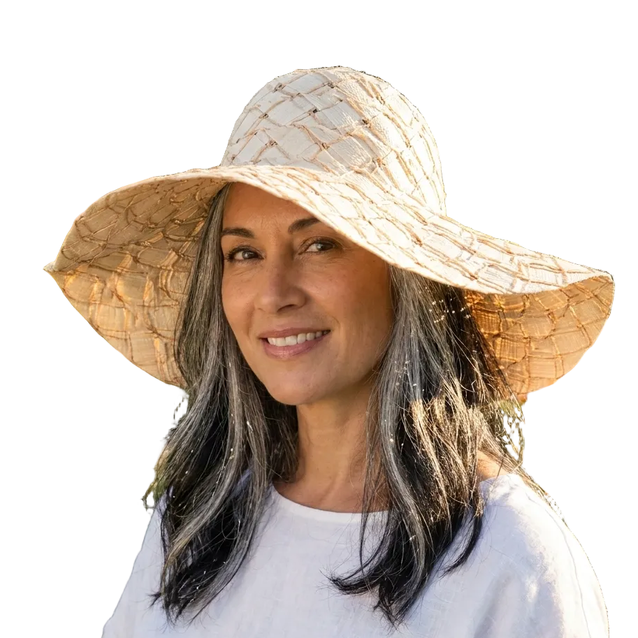 Ivory woven floppy hat with open lattice pattern and wide brim
