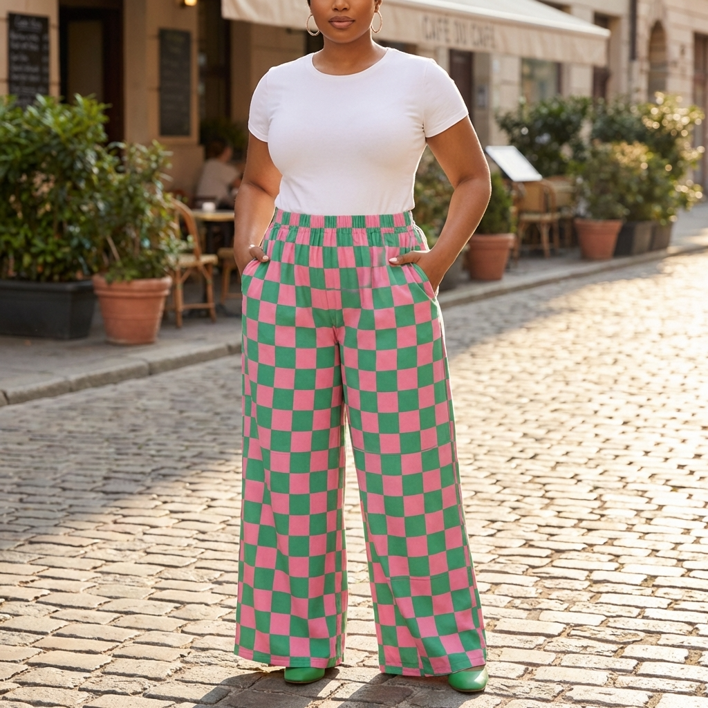 High-Waist Checkered Straight-Leg Knit Pants – Comfort Meets Style