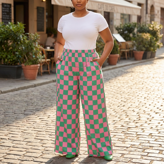 High-Waist Checkered Straight-Leg Knit Pants – Comfort Meets Style