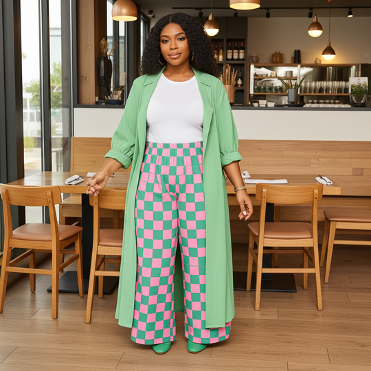 Woman in a green coat and pink checkered pants standing in a restaurant.